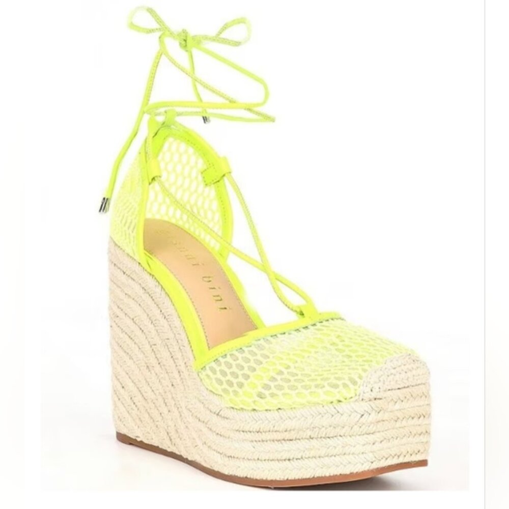 New Gianni Bini neon mesh wedges espadrilles lace up leather wrap laces sz 6.5